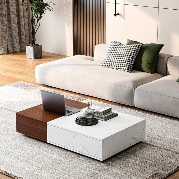 Coffee Table With Two Storage Compartments In Walnut Marble Brown And