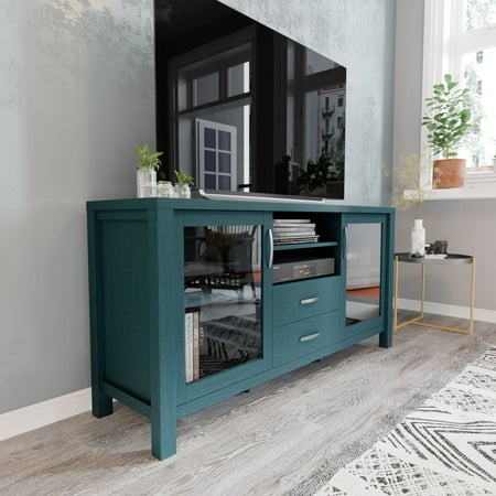 BizChair Teal 59 Inch Modern Kitchen and Dining Room Buffet Sideboard Storage Cabinet Engineered Wood with 2 Tempered Glass Doors 2 Drawers Open Shelf