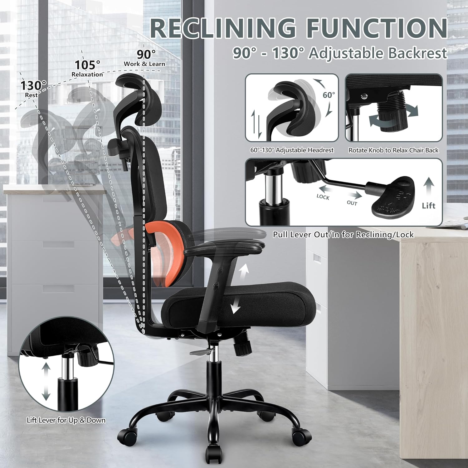 Office Chair, Ergonomic Desk Chair with Adjustable Height and Lumbar Support Swivel Desk Computer Chair with Flip up Armrests for Conference Room, Drak Gray