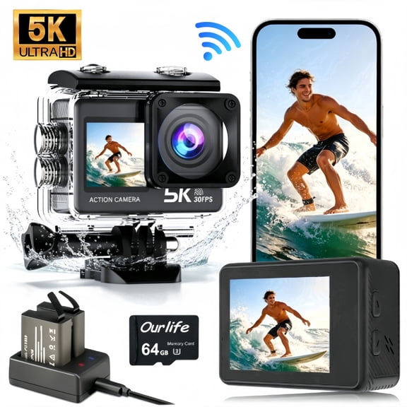 Ourlife Action Camera 5K 30FPS Waterproof Camera Underwater 100FT with EIS WiFi App Remote Control 64GB Card 170° Wide Angle Sports Helmet  Video