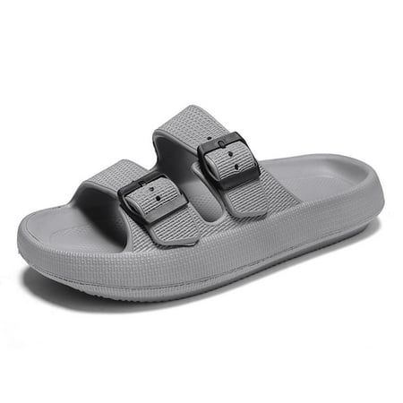 EIGTHTAIL Double Buckle Sandals Adjustable for Women Men Flat Sandals Pillow Cloud Slippers Comfort Slide Waterproof Slip-on Shower Shoes Seaside Black 38-39