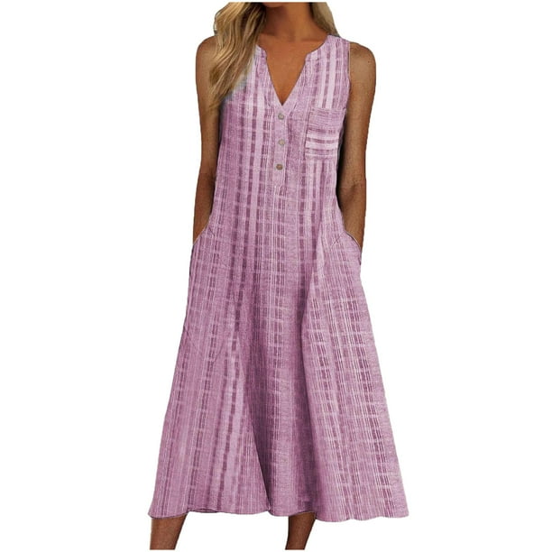 Vestido largo con bolsillo estampado a rayas con botones y cuello en V sin mangas para mujer a la moda Fridja hj4774