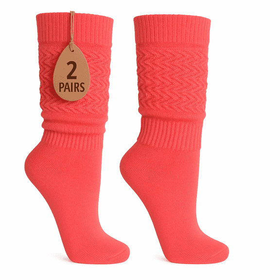 Women's Extra Long Slouch Socks Knee High Cotton Blend Pack of 2 Shoe Size 5-10 Retro 80s Style (Neon Pink)