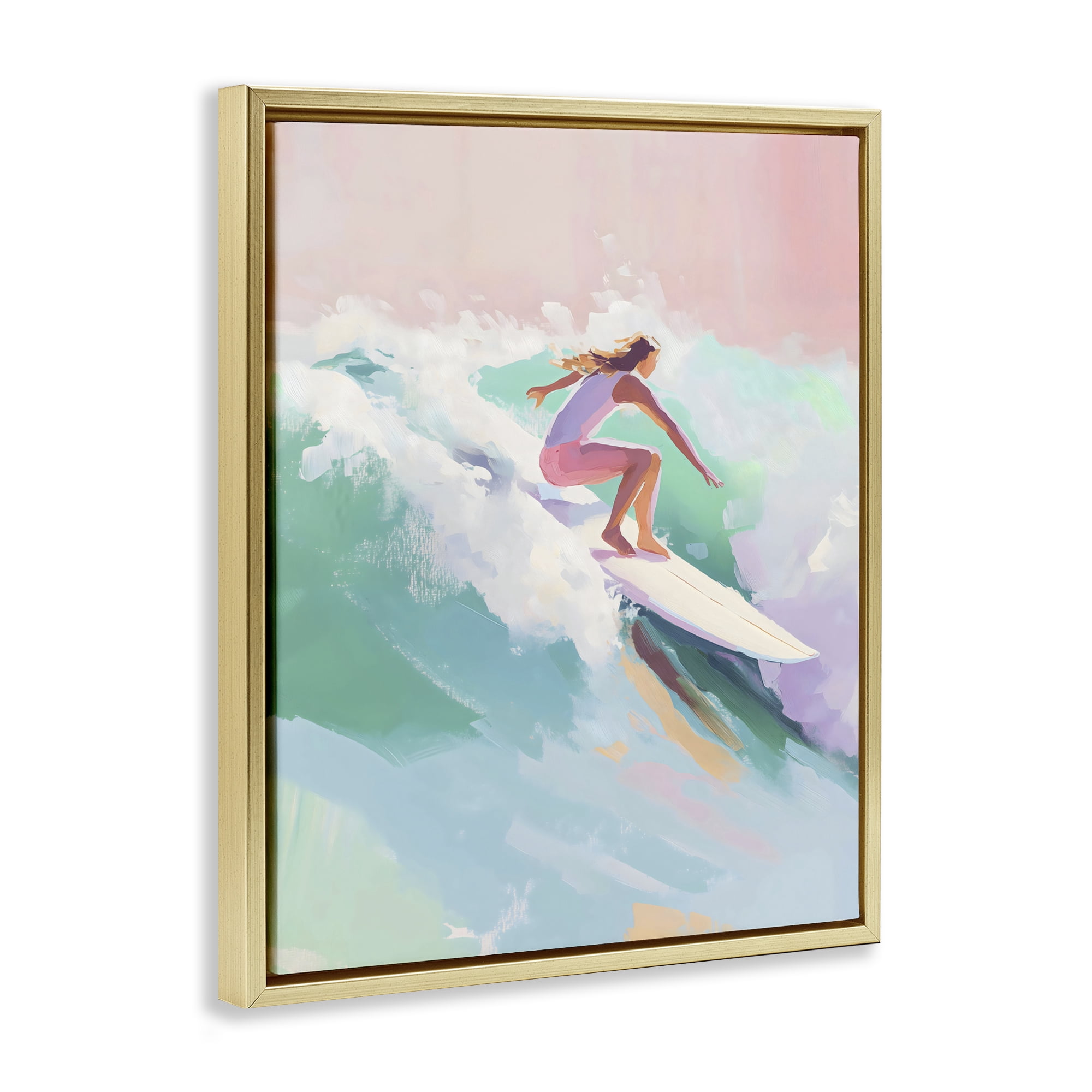 Stupell Industries Surfer Girl Riding Waves Gold Framed Floater Canvas Wall Art, design by The Prints Vibe