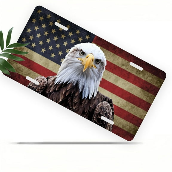 License Plate, American Eagle and Flag Decorative Front,Personalized Stainless Steel License Plate Cover For Men Women,12.2" X 6.2"