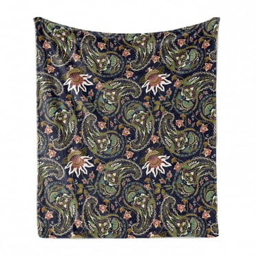Jacobean Soft Flannel Fleece Throw Blanket, Floral Vintage Nostalgia Pattern with Paisley Repetition, Cozy Plush for Indoor and Outdoor Use, 50" x 70", Indigo Multicolor, by Ambesonne