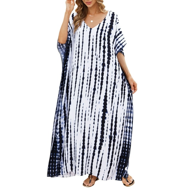 Abody Femmes Oversize Maxi Robe Cravate Die Imprimé V Robe de Plage Cover Ups