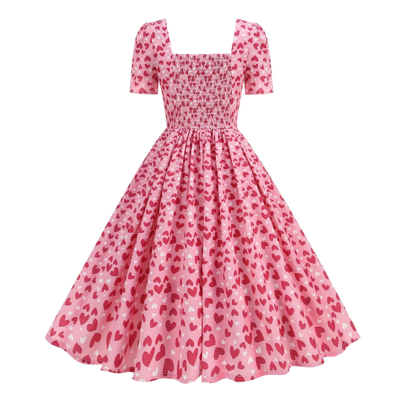 hotojiny Formal Dresses for Women Valentine's Day Gifts Cute Heart Print Cocktail Dresses Trendy Flowy Short Sleeve Maxi Dress