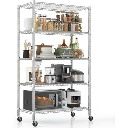 Heavy Duty Storage Shelves, 5 Tier Wire Shelving Unit with Wheels, Commercial Adjustable Metal Shelves for Storage, Garage Rack Pantry Shelves Kitchen Shelving, 18"x36"x82", Chrome
