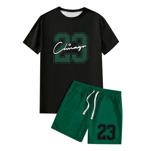 Playeras Cuello V Para Hombre, Conjunto De 2 Piezas De Camiseta De Manga Corta Con Cuello Redondo Y Pantalones Cortos Con Cordón Y Estampado De Letras Y Números, Adecuado Para El Verano
