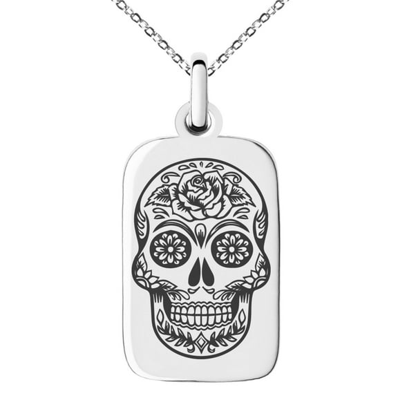 Tioneer Stainless Steel Day of The Dead Sugar Skull Engraved Small Rectangle Dog Tag CZ Charm Pendant