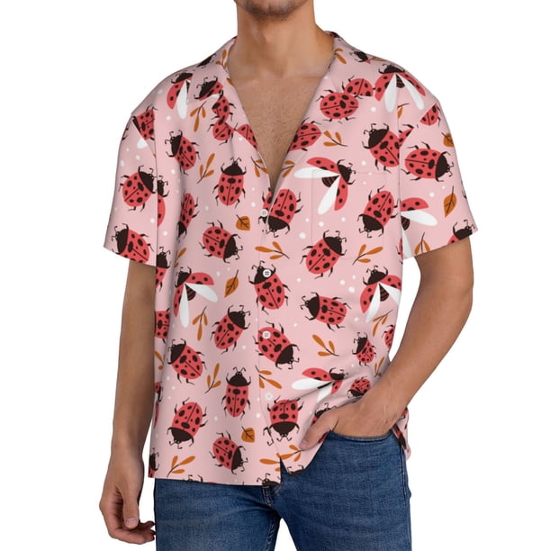 Balery Cute Ladybugs 1 Camisa Casual de Manga Corta con Botones para Hombre, Texturizada, Estilo Cubano, para Playa, Verano-3X-Large