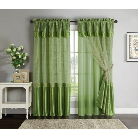Na Front Panel - Single (1) Double-Layer Window Curtain for Living Rooms: Green Back Panel with Green Embroidered Sheer Front and Valance, Pole Top, 55