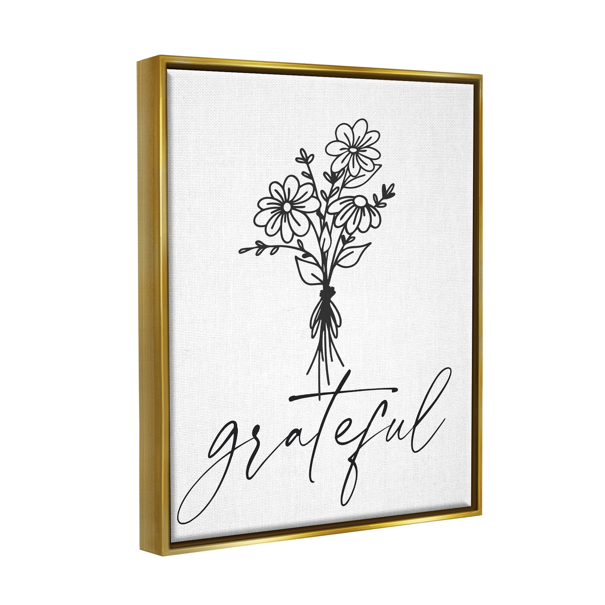 Stupell Industries Grateful Casual Script Calligraphy Floral Daisies Bouquet Graphic Art Metallic Gold Floating Framed Canvas Print Wall Art, Design by Lettered and Lined