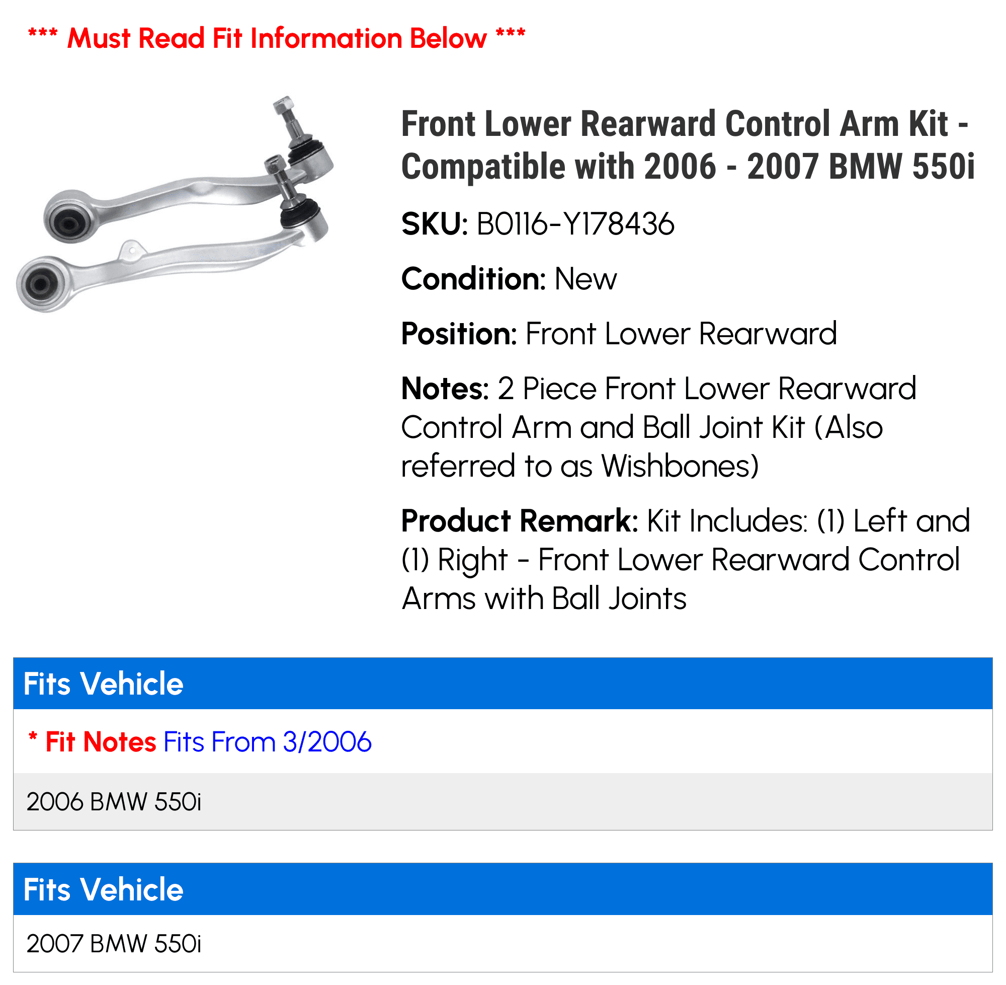 Front Lower Rearward Control Arm Kit - Compatible with 2006 - 2007 BMW 550i