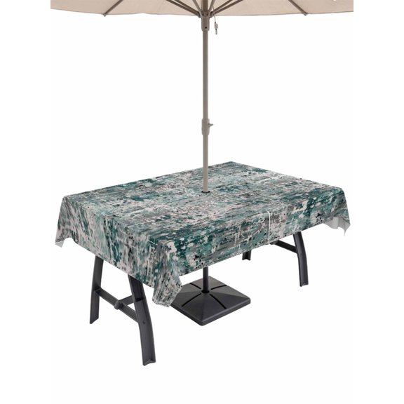 Outdoor Tablecloth with Umbrella Hole for Patio/Picnic/Party/Camping, Teal Grey Abstract Waterproof Table Cloth Rectangle Table Cover Washable, Modern Graffiti Distressed Mottled Art (54"x 80")