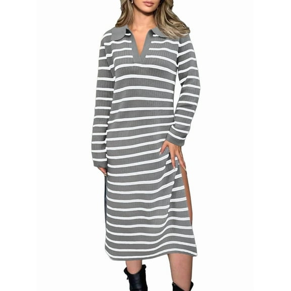 Womens Striped Sweater Dress Fall Chunky Knit V Neck Collared Long Sleeve Slit Loose Midi Dresses Grey XL