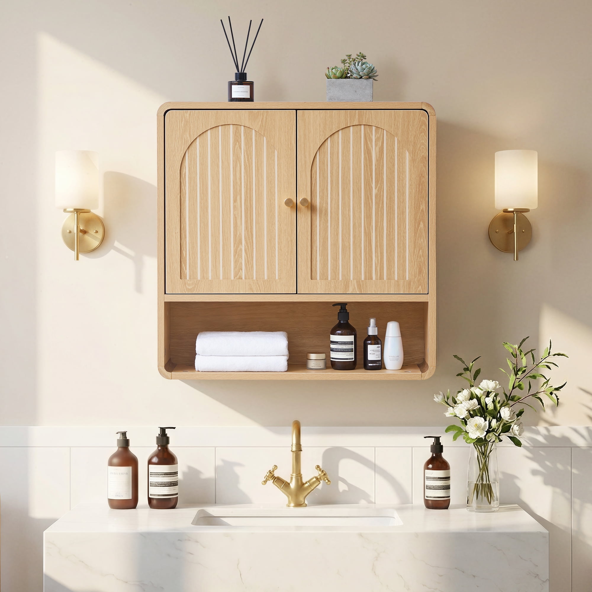Wirrytor Modern Fluted Medicine Cabinet Storage, Wooden Bathroom Wall Cabinet with Hanging Rod Adjustable Shelf, Natural Oak