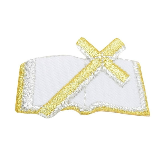 Gold/White Holy Bible with Cross - Iron on Applique/Embroidered Patch