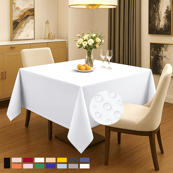ComfiTime Tablecloth  60 x 60 Durable Polyester Fabric Table Cover Cloth for 3-4 ft Square Table, Spill/Stain-Resistant, Reusable/Washable, Indoor/Outdoor Dining/Party/Wedding/Banquet, White