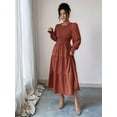 thumbnail image 4 of Autumn Women'S Long Sleeve Ruffled Round Neck Layered Flowing Wedding Guest Maxi Dress Brown L, 4 of 7