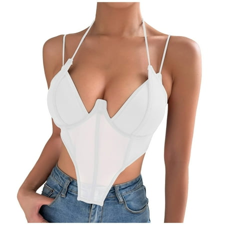 

Hanas Women s Sexy Soild Color Mesh Fishbone Stitching Camisole Strapped Undershirt White L