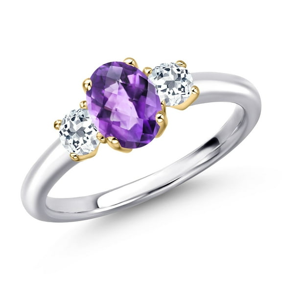 Gem Stone King 925 Silver and 10K Yellow Gold Purple Amethyst and White Topaz Engagement Ring for Women | 1.18 Cttw | Oval Checkerboard 7X5MM | Gemstone February Birthstone | Size 9