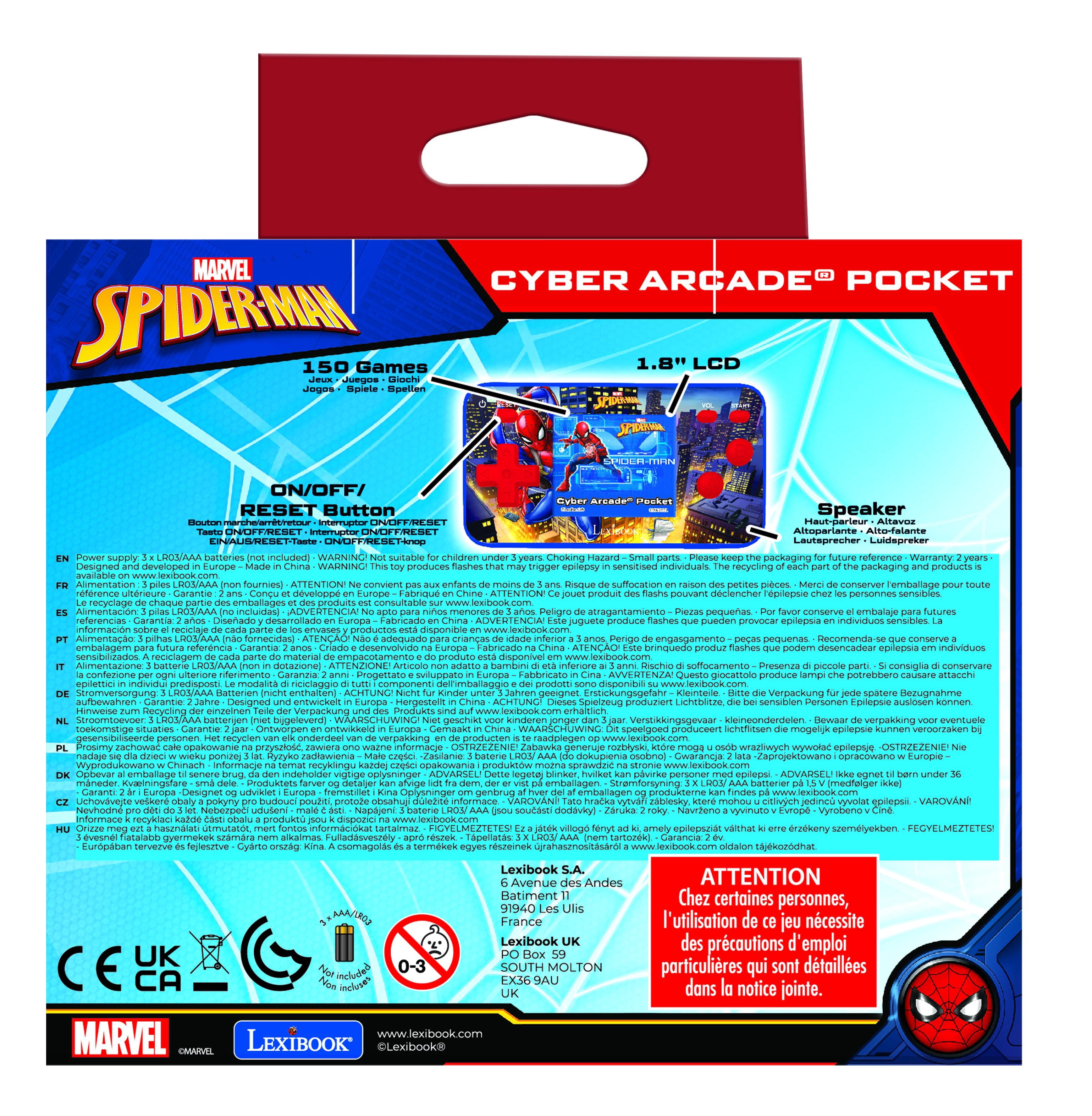 Lexibook Spider-Man, Cyber Arcade Pocket Game Console, 150 Games, LCD Screen, Battery Operated, Red/blue