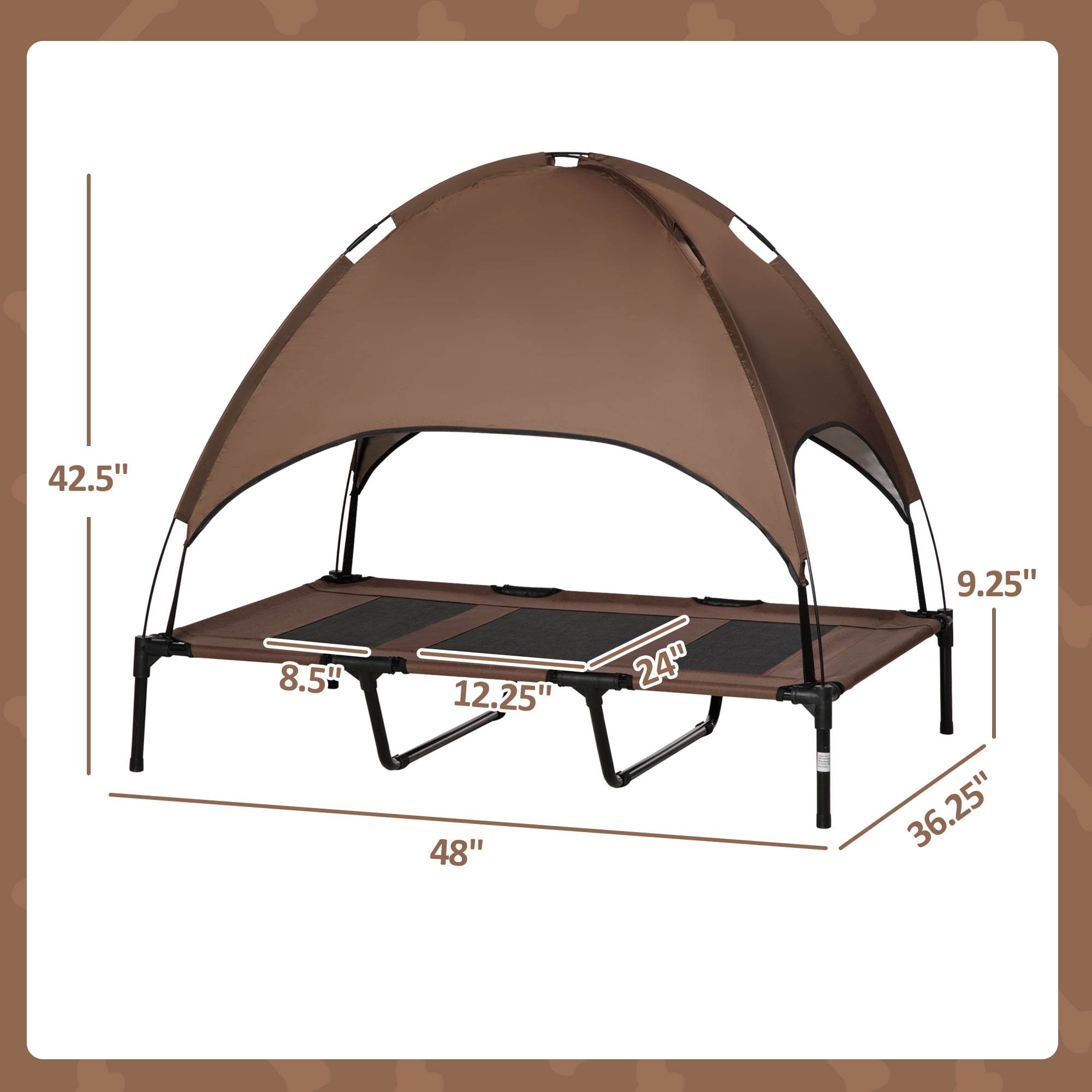 PawHut Elevated Portable Dog Cot Pet Bed with UV Protection Canopy Shade, 48 inch, Coffee