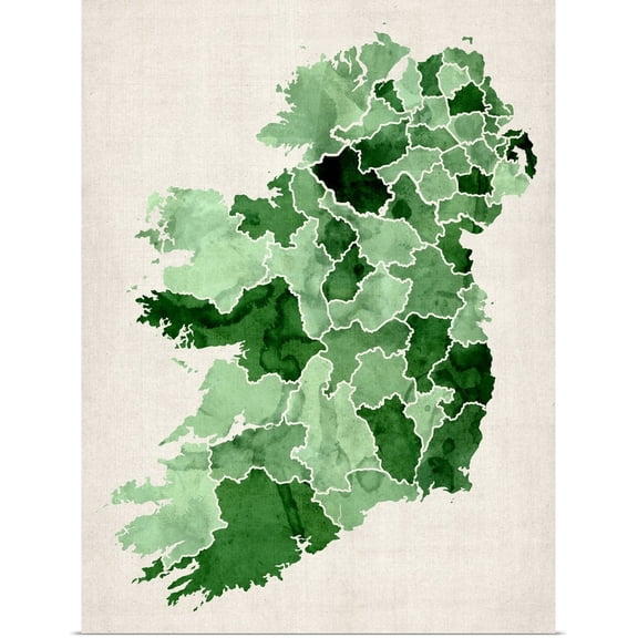 Great BIG Canvas | Rolled Michael Tompsett Poster Print entitled Ireland Watercolor Map