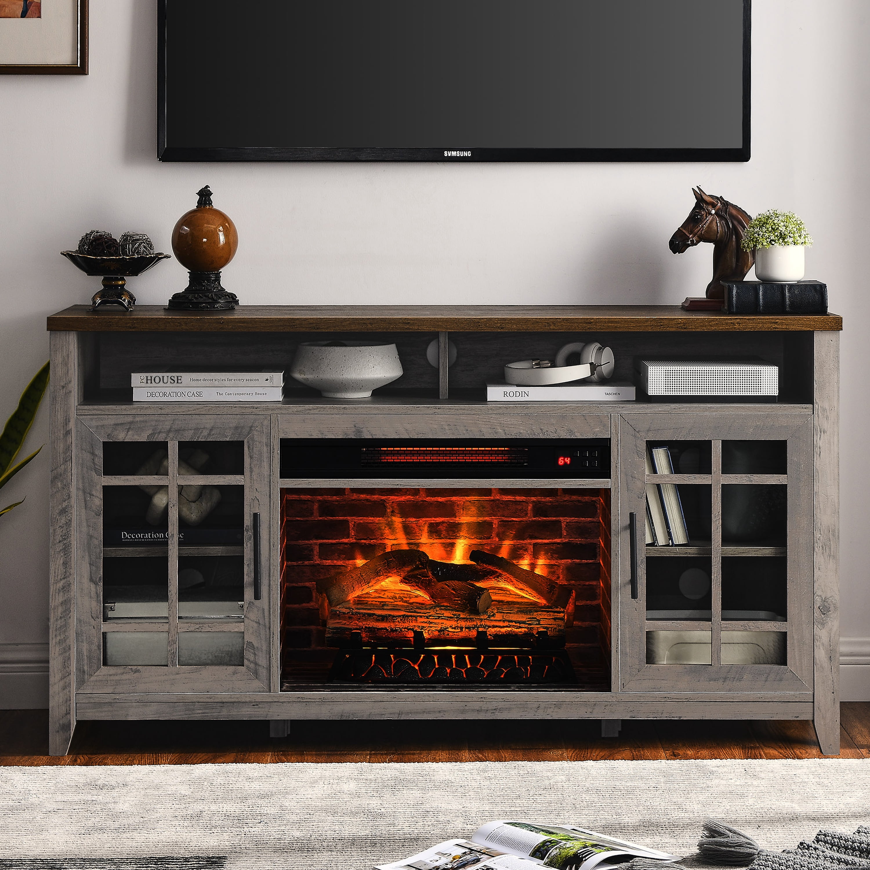 Innoflame 55'' Fireplace TV Stand, Entertainment Center with 23" Electric Fireplace KD Insert, Storage Cabinet , TV Console for Living Room, Farmhouse, Gray
