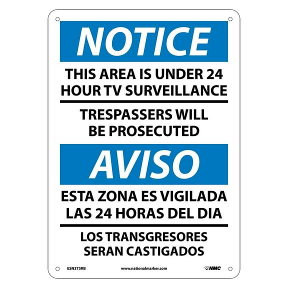 National Marker Notice Signs; This Area Is Under 24 Hour Tv Surveillance Bilingual 14X10 Rigid