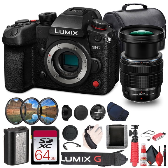 Panasonic Lumix GH7 Mirrorless Camera (DC-GH7BODY)   Olympus 8-25mm F/4 PRO Lens   64GB Memory Card   Photo Editing Software  Bag   DMW-BLK22 Battery   Card Reader   Charger   More