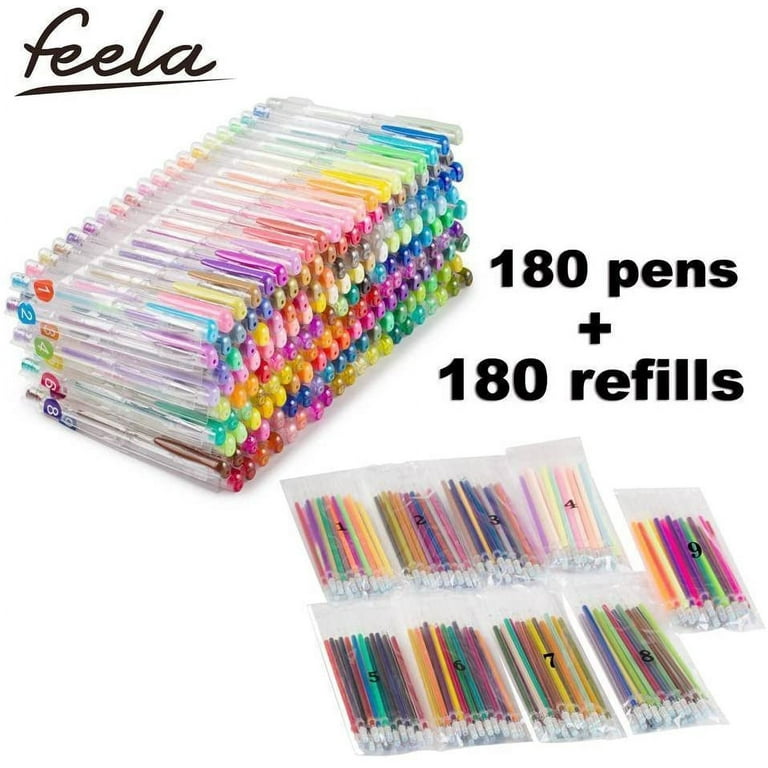  feela 360 Colors Gel Pens Set 180 Unique Gel Pen Plus 180  Refills for Adult Coloring Books Drawing : Office Products