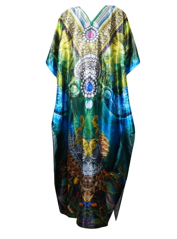 Mogul Women Rhinestone Maxi Caftan Kimono Jewel Print Beach Cover Up Kaftan Dress One Size