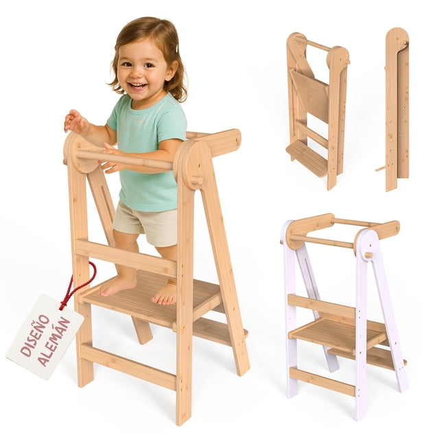 Torre de Aprendizaje Montessori de Bambú Plegable Color Natural con Alturas Ajustables y Barra de Seguridad