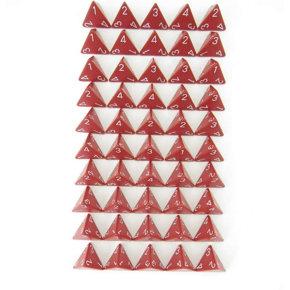 Red Opaque Dice with White Numbers D4 Aprox 16mm (5/8in) Pack of 50 Wondertrail