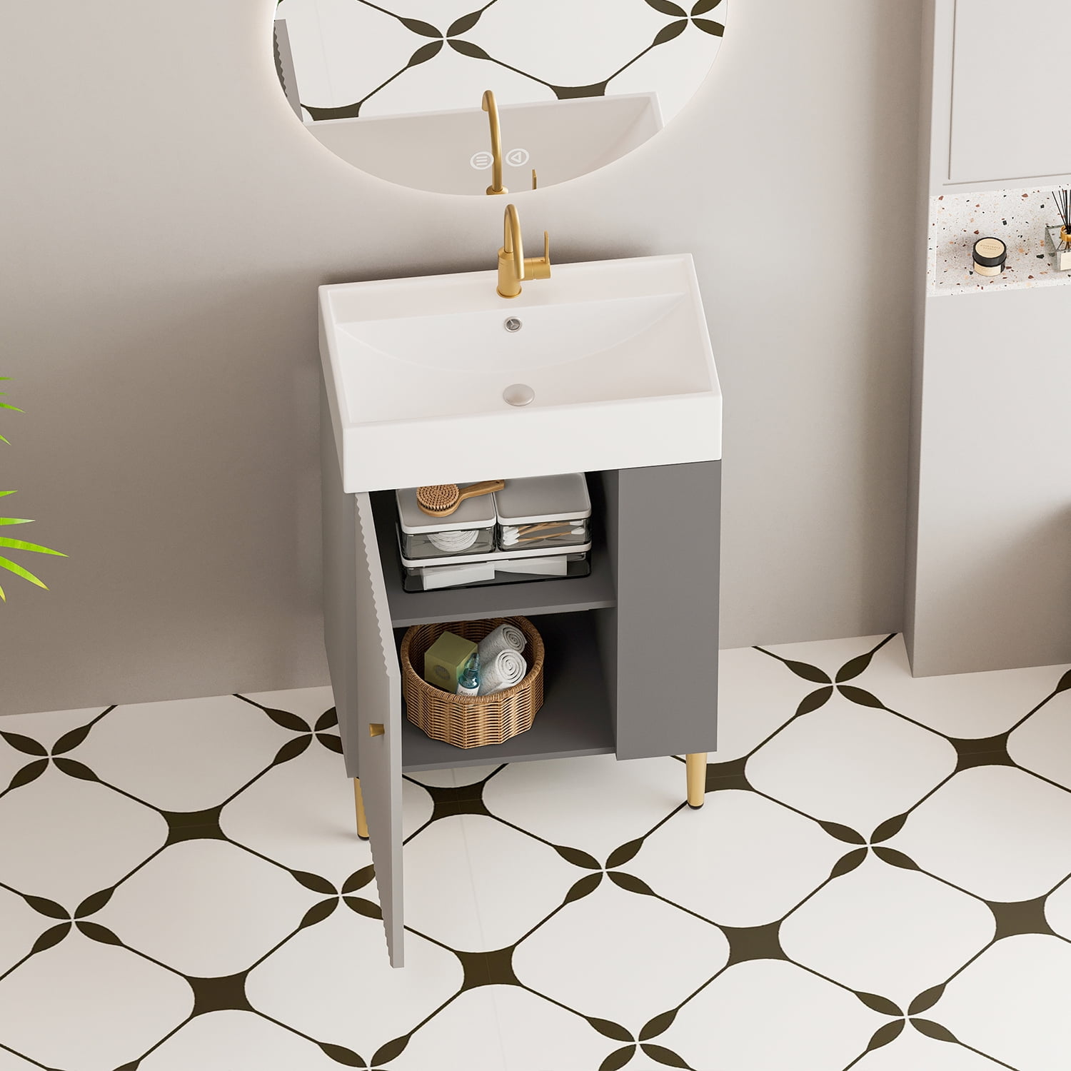 Demi Bonn 21" Bathroom Vanity with Ceramic Sink and Soft-Closing Door, Cloakroom Open Shelf Storage Cabinet on the Right Side, Faucets and Drains Not Included, Gray