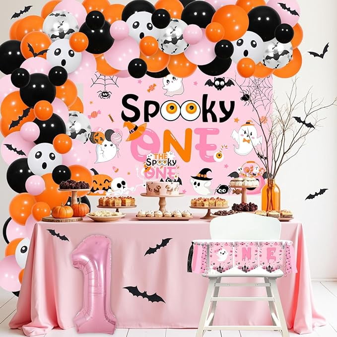 Halloween 1st Birthday Party Decorations Girl - Pink Orange Halloween Balloons Garland Arch Kit with Spooky One Birthday Backdrop, Cake Topper, High Chair Banner, Bat Wall Stickers