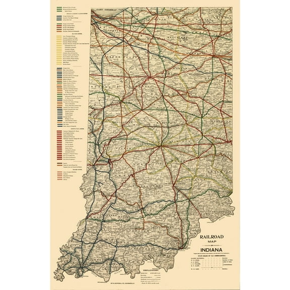 Railroad Map - Indiana Railroads - Burford 1896 - 23 x 35.13 - Vintage Wall Art