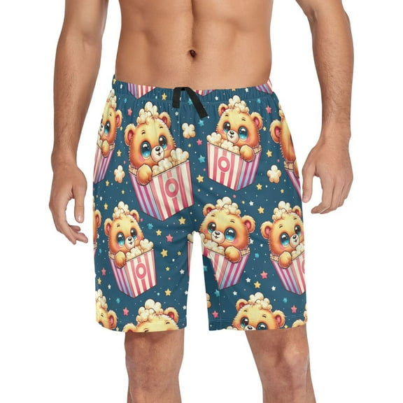 Men's Pajama Shorts Bottoms with Pockets Soft Lightweight Lounge Sleep Wear Cute Bear in Popcorn