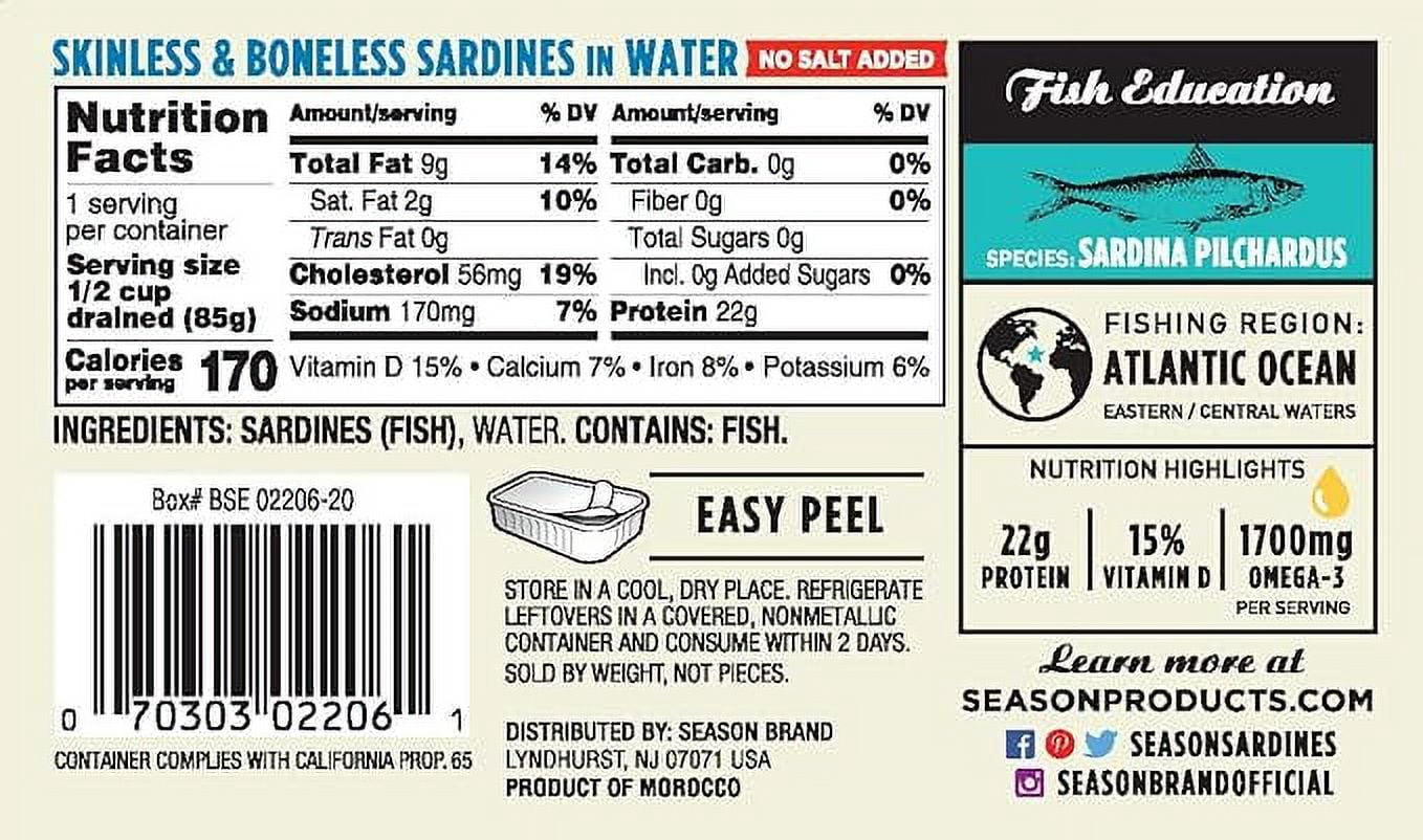 Season Sardines in Water, 4.25 oz Can