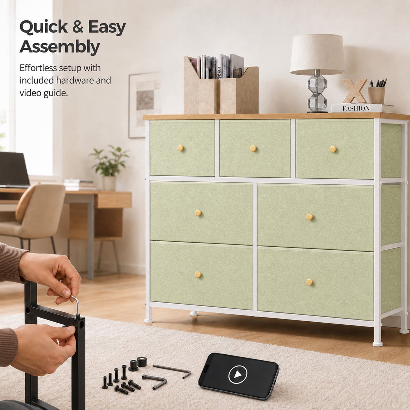 Alvantor 5/7 Drawer Fabric Dresser, Storage Tower for Bedroom and Closet, Chest of Drawers with Sturdy Steel Frame & Wooden Top for Living Room, Entryway