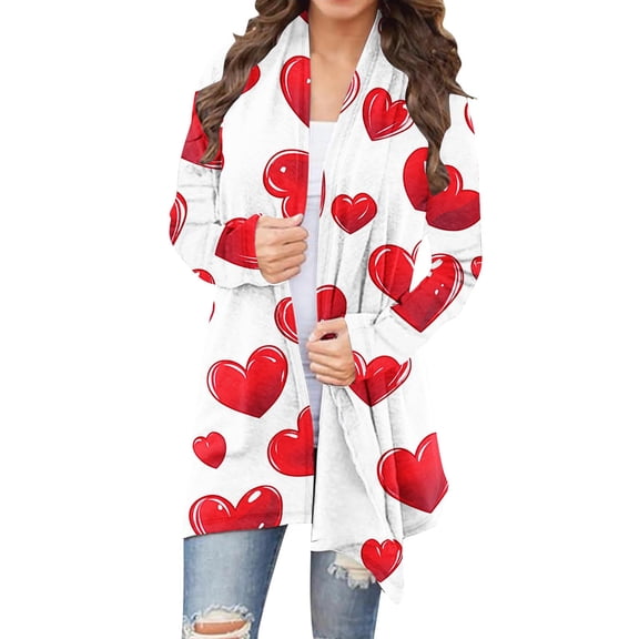 fatyb Womens Valentine Cute Cardigan Heart Print Long Sleeve Open Front Outerwear Lightweight for Women