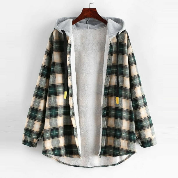 Pntutb - Chaqueta cálida para mujer, informal, de manga larga, a cuadros, con botones, dobladillo curvo, con capucha Pntutb Pntutb-6102