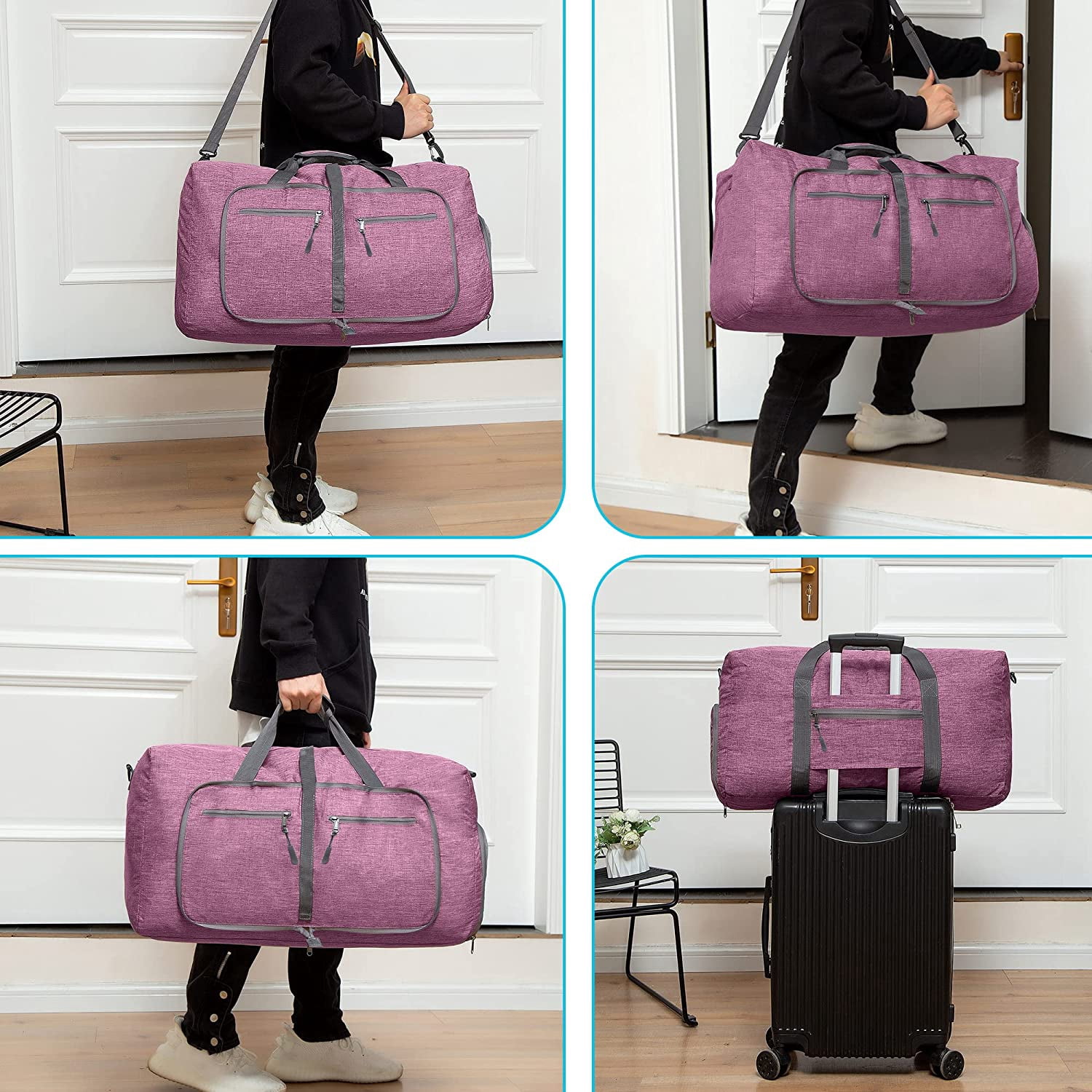 Ht Viik 65L/85L Foldable Travel Duffle Bag, Lightweight Checked Luggage with Shoe Compartment, Water-Resistant Weekender Overnight Bag for Men & Women