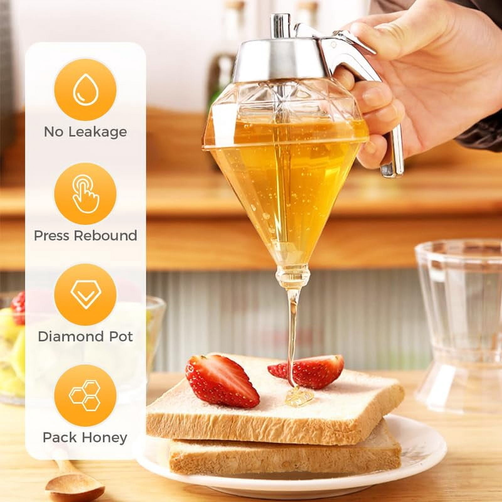 Honey Dispenser No Drip, Maple Syrup Dispenser, Honey Jar with Stand Honeycomb Shaped Honey Holder and Syrup Dispenser, Elegant Honeycomb Design