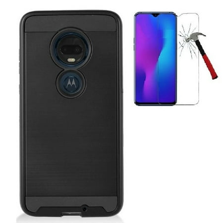 Phone Case for Motorola Moto G7 / Moto G7 Plus, Slim Metallic Brushed Design Shockproof Protective Cover Case + Tempered Glass Screen Protector (Black)