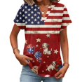 thumbnail image 2 of Hogleaql American 250th Anniversary Shirts Women's Patriotic Short Sleeve V Neck American Flag Print Tee Dressy Button Independence Day Themed Loose Fit Pullover Wine M, 2 of 5