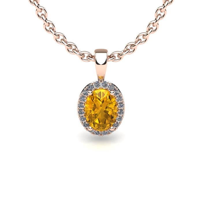 3 4 Carat Oval Shape Citrine and Halo Diamond Necklace In 14 Karat Rose Gold With 18 Inch Chain by SuperJeweler